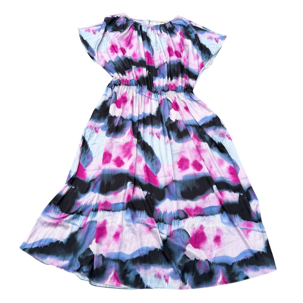 Soft Surroundings Dress XL Blue Pink Abstract‎ Watercolor Midi Flutter Sleeve